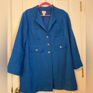 Chico’s vibrant peacock blue long jacket